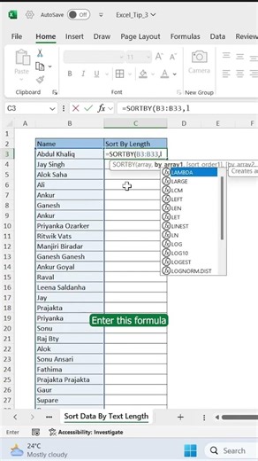 Sort Data by Text Length in excel #excel #excelshorts #excelformula #exceltutorial #excelshortcuts