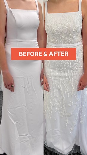 42K views · 1.4K reactions | BEFORE AND AFTER The final result for our bride that added an ENTIRE layer of beaded fabric over her gown! We made sure to place the detailed layer exactly where the bride had envisioned it, and it turned out so beautiful! | Heming & Fitz | Facebook