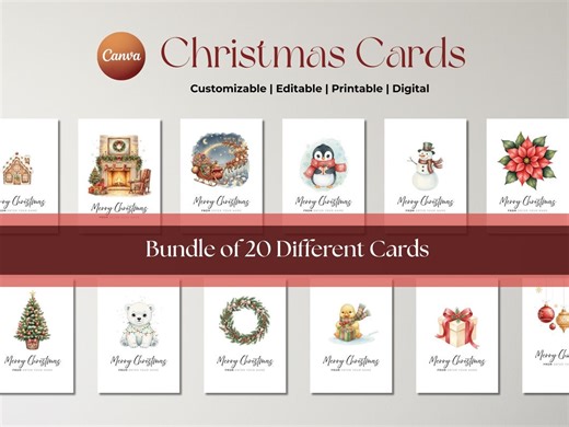 Christmas Card Printable Canva Editable Customizable Digital Holiday Greeting Card Set of 20 Minimalist Watercolor Template Bundle Instant - Etsy