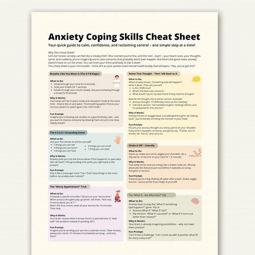 Anxiety Coping Skills Cheat Sheet, Stress Relief and Grounding Techniques Printable, Mental Health Worksheet - Etsy