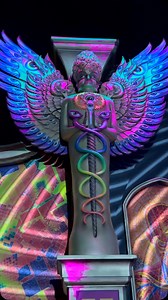 Angel holding a caduceus paintbrush at Hallucinarium last night. Thank you @allysongreycosm for collaborating on the stage design and to @elrowofficial for making visions into realities and @deltaprocess.it for the awesome retinal cascade lightshow bringing our work to life for a huge celebration last night! | Alex Grey