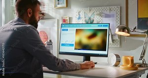 Adult man types text prompt in artificial intelligence app on computer. AI image generator creates detailed photo of steampunk airship. Advanced AI generated image creation. Futuristic generative art.