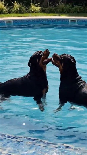 two dogs friend and swimming pool play 👍🐕