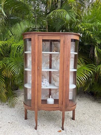 Antique Curio Cabinet, Rounded Glass Display, Solid Hardwood, Koi Wallpaper, Vintage Furniture - Etsy