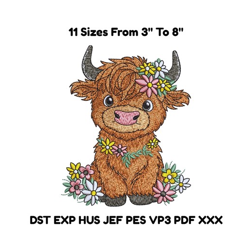 Floral Highland Cow Embroidery Design – 11 Sizes, Baby Cow Machine File - Etsy