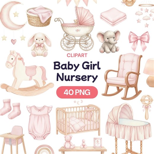 Watercolor Baby Girl Nursery Clipart, 40 Pink Newborn PNG, Infant Room Decor Graphics, Whimsical Toddler Cradle Art, Toy Furniture Bundle - Etsy