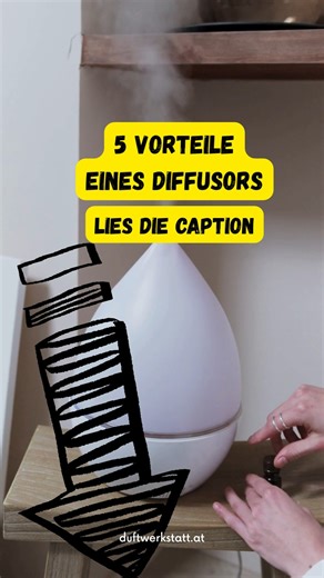 Duftwerkstatt on Instagram: "✨5 Vorteile der Raumbeduftung mit einem Diffusor✨ 1. Gleichmäßige und sanfte Duftabgabe Ein elektrischer oder Ultraschalldiffusor verteilt ätherische Öle fein im Raum, ohne dass der Duft zu intensiv oder „erschlagend“ wirkt. Die Moleküle werden gleichmäßig verteilt, sodass der Duft harmonisch wahrnehmbar bleibt. 2. Verbesserung der Raumluft Viele ätherische Öle enthalten Inhaltsstoffe (Monoterpene, Sesquiterpene, Oxide), die luftreinigend wirken können. Sie können Ge
