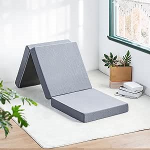 Olee Sleep Tri-Folding Memory Foam Mattress Topper, 4 Inch Gel Folding Mattress for Camping, Foldable Guest Bed, Washable Cover, CertiPUR-US Certified, Soft, Grey, Single Size