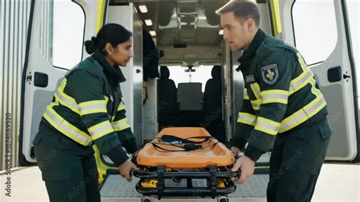 Two paramedics in uniform moving a stretcher with a patient into an ambulance vehicle