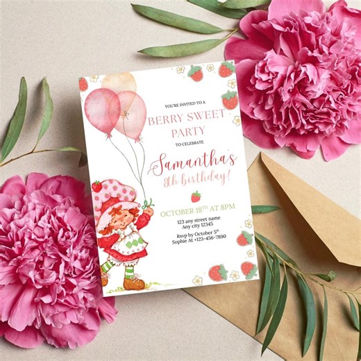 Strawberry Shortcake Birthday Invitation, Editable Template, Cute Girl Party Invite, Strawberry Theme, Pink Balloons, Instant Download PDF - Etsy
