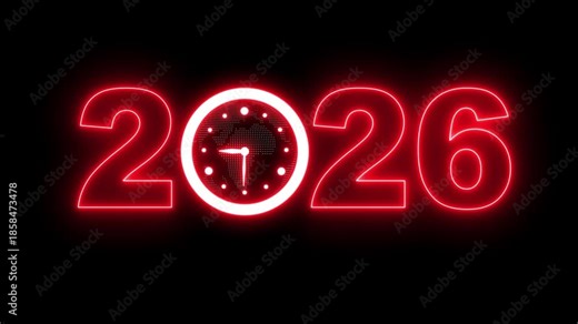 Happy New Year 2026 celebration with glowing clock animation on transparent background, countdown concept. Welcome 2026. happy new year 2026 animated text new year neon 2026 4k video.