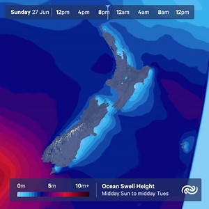 A persistent strong southwest flow spreads over Aotearoa New Zealand from Sunday night until Wednesday night. This is expected to generate heavy swells over southern and central coastal areas. This animation illustrates the forecast swell heights from noon Sunday to noon Tuesday. For example here is the coastal forecast for Foveaux https://www.metservice.com/marine/coastal/locations/foveaux and the coastal forecast for Castlepoint https://www.metservice.com/marine/coastal/locations/castlepoint w