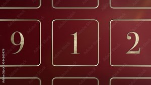 Red door number 1 one opening calendar reveal, updateable green screen revealing transition sting, 3D gold xmas festive golden numbered doors shiny video, Christmas Advent Calendar animation