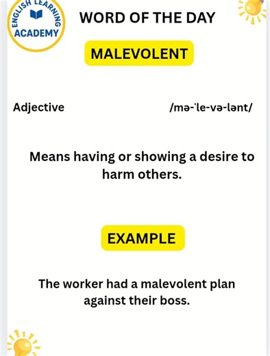 2.7K views · 61 reactions | VOCABULARY ENHANCEMENT (Malevolent). SYNONYMS: Malicious Spiteful Wicked Evil Cruel Vengeful Hostile #fblifestyle #learning #education | English Learning Academy | Facebook