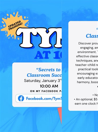 This Saturday! Join us for an interactive session packed with practical strategies to create a joyful, engaging, and well-managed early learning classroom. We’ll cover effective routines, behavior guidance, and simple ways to strengthen teacher-child relationships while supporting curiosity and exploration. Perfect for educators looking to boost classroom harmony and learning outcomes. • No registration required • Optional $5 worksheet available to earn one clock hour of Live Instructor-Led Trai