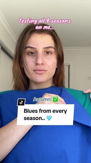 Testing blues from each season on me. As you can see SUMMER is too cool and light, SPRING is too light and bright and WINTER is way to cool and bright… I am a WARM/TRUE AUTUMN 🥰🩵 #summer #spring #winter #autumn #seasonalcoloranalysis #colourseasons #colorseason #colordraping #colouranalysis #coloranalysis #colouranalysistok #comparingcolours