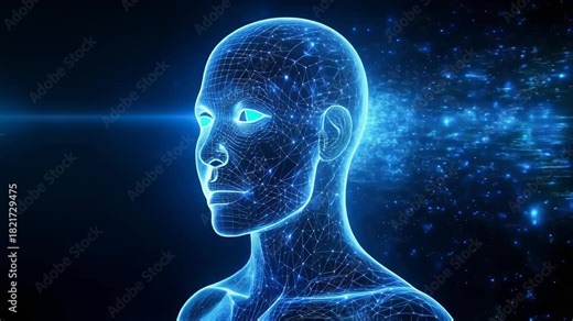 Futuristic digital human head with glowing lines and nodes representing technology and artificial intelligence