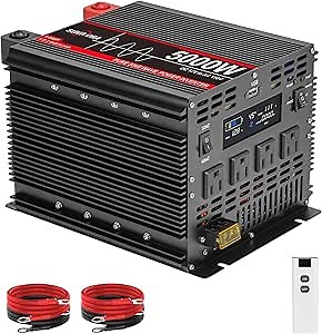 5000 Watt Pure Sine Wave Power Inverter, 12V DC to 110V/120V AC Converter 10000W Peak, with Remote Control LCD, 4 AC Outlets & USB Port & Hardwire Terminal, for Truck RV Boat Camping Solar System EPS