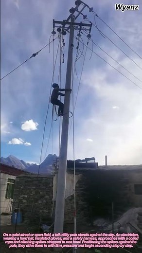 electrician climbing utility pole for maintenance | daily construction routine