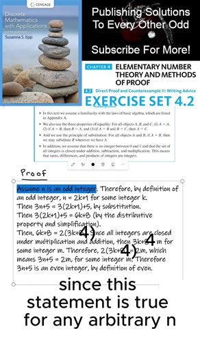 (4.2.1) Proving Universal Statements in Discrete Math Using Basic Assumptions In this video, I will be demonstrating how to prove statements one through eleven using only the provided definitions and assumptions on page 161, without using any already established properties or concepts. Our goal is to prove that for every integer, if n is odd, then 3n 5 is even. To begin, we will make some assumptions and pick an arbitrary integer. We'll explain what it means to be an odd integer, using the defin