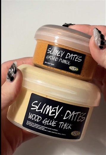 🤎 Slimey Dates DUO 🤎 by @og slimes ☻ Full Size Slimey Dates ‘Lotion’ 🫧Texture: Wood Glue Thick 🫧Scent: Sticky Dates Type (Caramel, Toffee, Vanilla, Dates) 🫧Rating: 🤩 3oz Slimey Dates ‘Lip Scrub’ 🫧Texture: Ground Pumice 🫧Scent: Sticky Dates Type (Caramel, Toffee, Vanilla, Dates) 🫧Rating: 😊 ‘Lotion’: Oh she THICK thick! Quite possibly the thickest slime I’ve ever experienced. It builds up with so much tension as you play with it, it’s as if it just starts creating bubbles on its own! I h