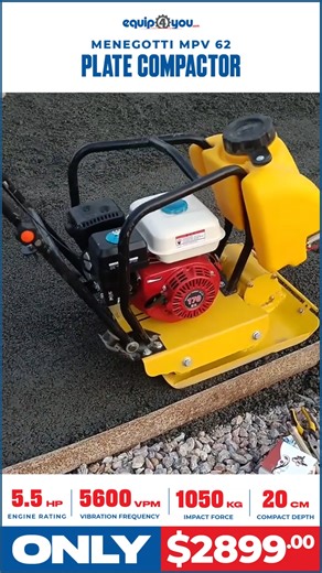 The Menegotti MPV 62 Plate Compactor is ideal for the compaction or adaptation of low depth for sandy, clayey or stony land, recommended for leveling paving, revamping asphalt and pavements. It is a high performance equipment that reduces the impact transfer to the operator, leading to greater comfort, and performance. ONLY $2899 BBD #Equip4You #menegotti #menegottimpv62 #platecompactor #compacting #construction | Equip4you
