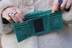 Turquoise Distressed Leather Trifold Wallet: Small Ring Detail