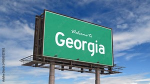 Welcome To Georgia Road Sign. Airplane Landing Georgia State USA.