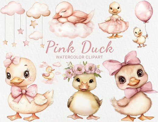 Pink Duck Nursery Watercolor Clipart - 24 PNG Cute Duck, Birds Decor, Baby Shower, Baby Party, Baby Farm Duck, Instant Digital Download - Etsy