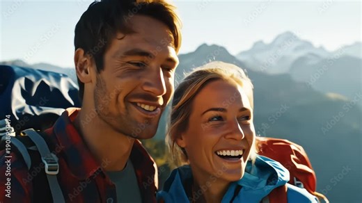 Happy young hiker couple high fiving and laughing on mountain peak during hiking adventure celebrating success