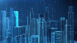 Digital technology city building, future high-tech city. Aerial view of the city, corporate publicity background video.