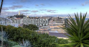 San Francisco Panorama View over North Beach and Coit Tower. Designed with three-dimensional text.