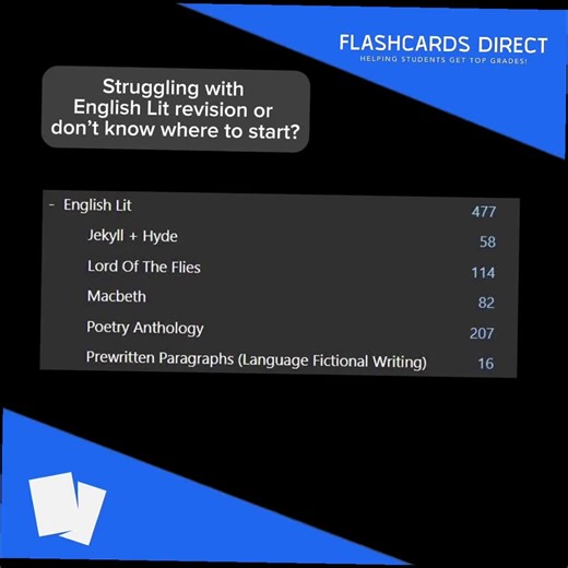Overwhelmed by English Literature revision or unsure where to begin? Flashcards Direct has precisely what you need to master your texts! Unlock your potential with our premium Anki digital flashcards, featuring essential sets for 'Macbeth,' 'Lord of the Flies,' 'Jekyll & Hyde,' and 'Power and Conflict Poetry.' Designed for GCSE and A-Level students, these tools are perfect for memorising key quotes, perfecting your analytical skills, and grasping critical contextual information, helping you exce
