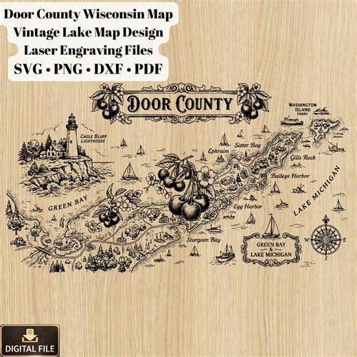 Door County Map Svg, Wisconsin Map Svg, Vintage Lake Michigan Map, Laser Engraving Files, Dxf Png Pdf, Lake House Decor, Travel Map Art - Etsy Canada