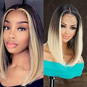 GLAM21USA HD Lace Front Bob Straight Wig 13X6 Glueless Invisible Transparent Lace Frontal Human Hair Blend Preplucked Swiss-lace Shoulder Length Synthetic Wig - Brianna (NeutralLace, MOP1B/BLONDE)