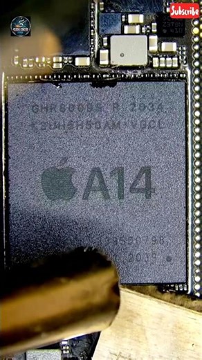The video displays an Apple A14 Bionic system-on-a-chip (SoC). This chip is part of the Apple silico