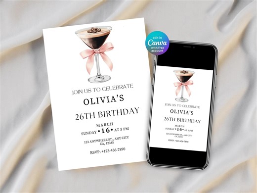 Espresso Martini Birthday Invitation | Elegant Cocktail Party, Editable Canva Template (digital Download) - Etsy