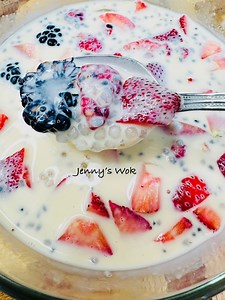 Sago / Tapioca Pearls with fruits in sweeten milk . Perfect dessert anytime for the kids and family let’s start the recipe. You Need : 1 cup cooked sago 1/2 cup each of your favorite fruits 1/2 cup condensed milk milk 2 cups creamer ( evaporated milk) Dash Angostura Bitters 1/4 cup basil seeds hydrated #sagofruitdessert #fruitsalad #tapiocapearld #FruitSaladLove | Jenny’s Wok