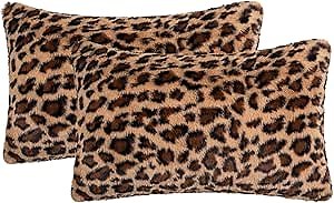 Leopard Print Faux Fur Throw Pillow Covers, 12x20 Inch, Set of 2, Soft Plush Animal Print Decorative Lumbar Cushion Cases for Sofa Bed Chair | Safari-Inspired Decor in Warm Terracotta Brown