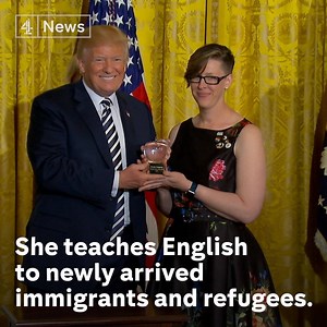 219K views · 2.5K reactions | A silent but defiant protest against Donald J. Trump. Teacher of the Year Mandy Manning gave the President letters from her refugee students - while wearing badges in support of the Women’s March and transgender rights. | Channel 4 News | Facebook