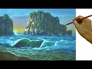 Acrylic Painting Tutorial How to Paint Rocky Mountain on Beach with Crashing Waves in Palette Knife