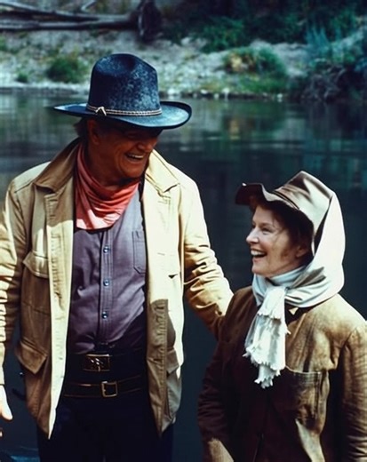 A happy moment between John Wayne and Katharine Hepburn on the set of "Rooster Cogburn" (1975). | The True Grit Man Forever