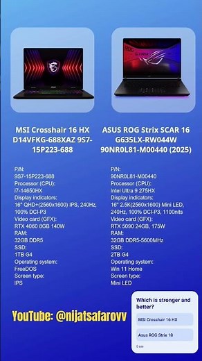 ASUS ROG Strix SCAR 16 (2025) VS MSI Crosshair 16 HX - Compare #asusrog #msi #compare