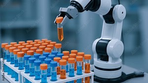 New drug research and discovery in laboratory using robotic arm to handle test tubes for advanced science experiment and innovative research study