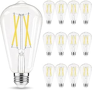 Edison Bulbs, E26 LED Bulb 60 watt Equivalent, Non-Dimmable, Cool White 4000K, ST58 Vintage Light Bulbs, 90+ CRI, 6W, 600LM, E26 Medium Base, Clear Glass, 12 Pack