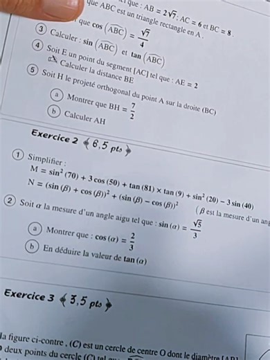 Exercice 2 Devoir N 3 Semestre 1 3AC Maths Trigonométrie 3ème Année Collège , , , , , #examen #viral #local #math #belkhouad #3ac #bouhcine #devoir