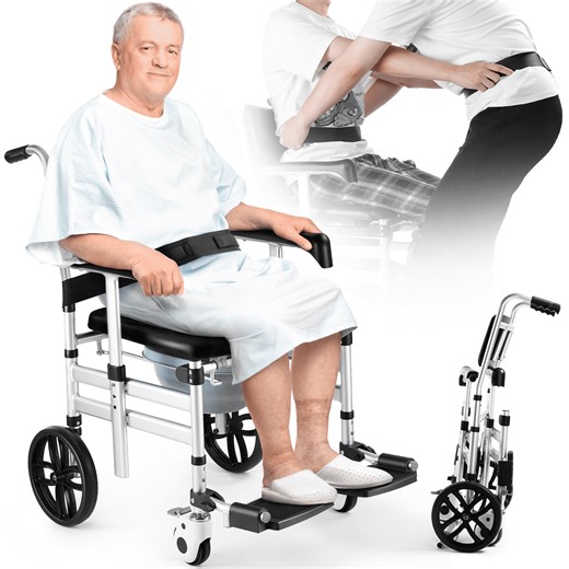 Shower Chair with Wheels, Commode Transport Wheelchair for Shower and Bathtub, Rolling Bath Chair for Elderly and Disabled with Adjustable Armrest, Padded Seat
