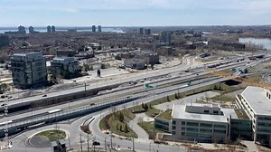 Overview of highway traffic and building in timelapse