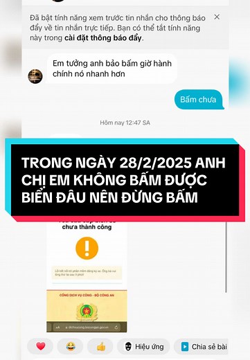 Trong ngày 28/2/2025 này anh chị em đừng bấm biển vì dịch vụ công Bộ công an đang bảo trì