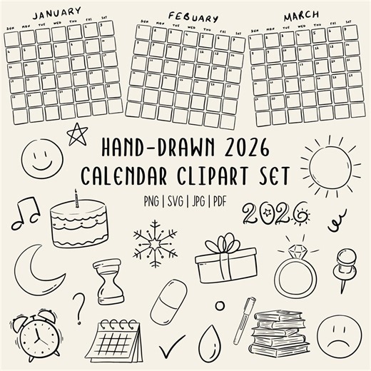2026 Hand-drawn Calendar Clipart Set | Doodle Monthly Calendars & Icons | PNG SVG PDF - Etsy